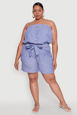 Womens Plus Tie Waist Belted Pinstripe Romper,