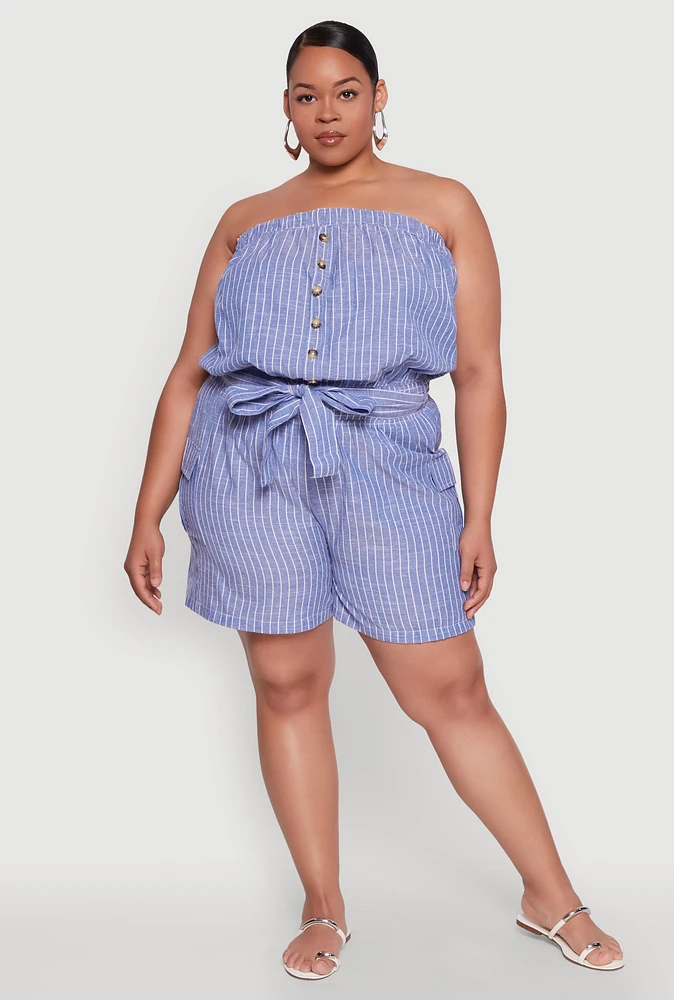 Womens Plus Tie Waist Belted Pinstripe Romper,
