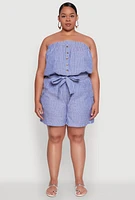 Womens Plus Tie Waist Belted Pinstripe Romper,