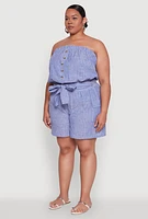Womens Plus Tie Waist Belted Pinstripe Romper,
