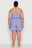 Womens Plus Tie Waist Belted Pinstripe Romper,