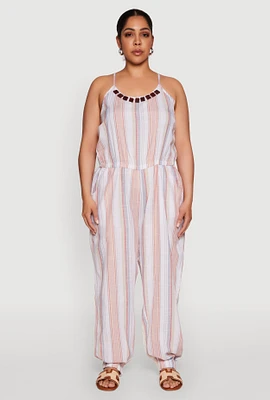 Womens Plus Size Striped Wood Beaded Trim Jumpsuit, Multi, Size 1X