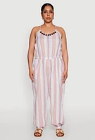 Womens Plus Size Striped Wood Beaded Trim Jumpsuit, Multi, Size 1X