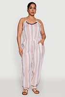 Womens Plus Size Striped Wood Beaded Trim Jumpsuit, Multi, Size 1X