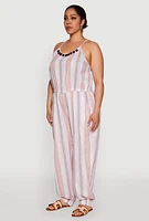 Womens Plus Size Striped Wood Beaded Trim Jumpsuit, Multi, Size 1X