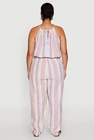 Womens Plus Size Striped Wood Beaded Trim Jumpsuit, Multi, Size 1X