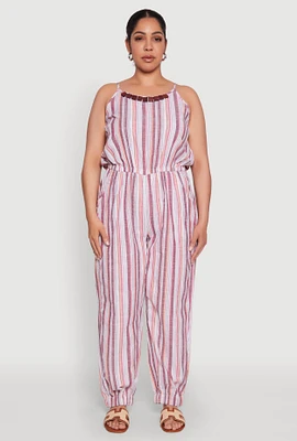 Womens Plus Size Striped Wood Beaded Trim Jumpsuit, Multi, Size 3X