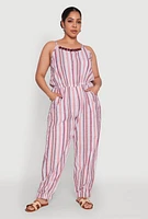 Womens Plus Size Striped Wood Beaded Trim Jumpsuit, Multi, Size 3X