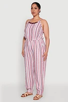Womens Plus Size Striped Wood Beaded Trim Jumpsuit, Multi, Size 3X