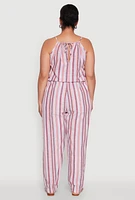 Womens Plus Size Striped Wood Beaded Trim Jumpsuit, Multi, Size 3X