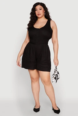 Womens Plus Smocked Half Button Romper, Black,