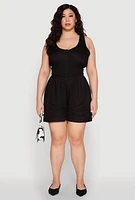 Womens Plus Smocked Half Button Romper, Black,