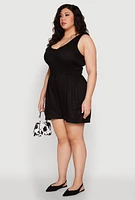 Womens Plus Smocked Half Button Romper, Black,