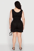 Womens Plus Smocked Half Button Romper, Black,