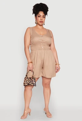 Womens Plus Smocked Half Button Romper,