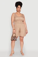 Womens Plus Smocked Half Button Romper,