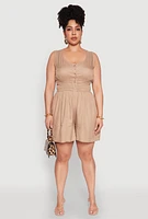 Womens Plus Smocked Half Button Romper,