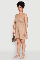 Womens Plus Smocked Half Button Romper,