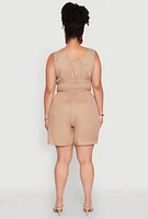 Womens Plus Smocked Half Button Romper,