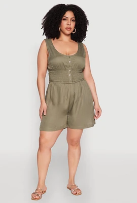 Womens Plus Size Smocked Half Button Romper, Green, Size 3X