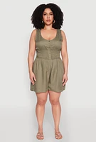Womens Plus Size Smocked Half Button Romper, Green, Size 3X