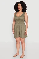 Womens Plus Size Smocked Half Button Romper, Green, Size 3X
