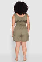 Womens Plus Size Smocked Half Button Romper, Green, Size 3X