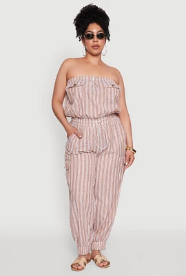 Womens Plus Stylish Striped Strapless Tapered Leg Jumpsuit,