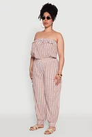 Womens Plus Stylish Striped Strapless Tapered Leg Jumpsuit,