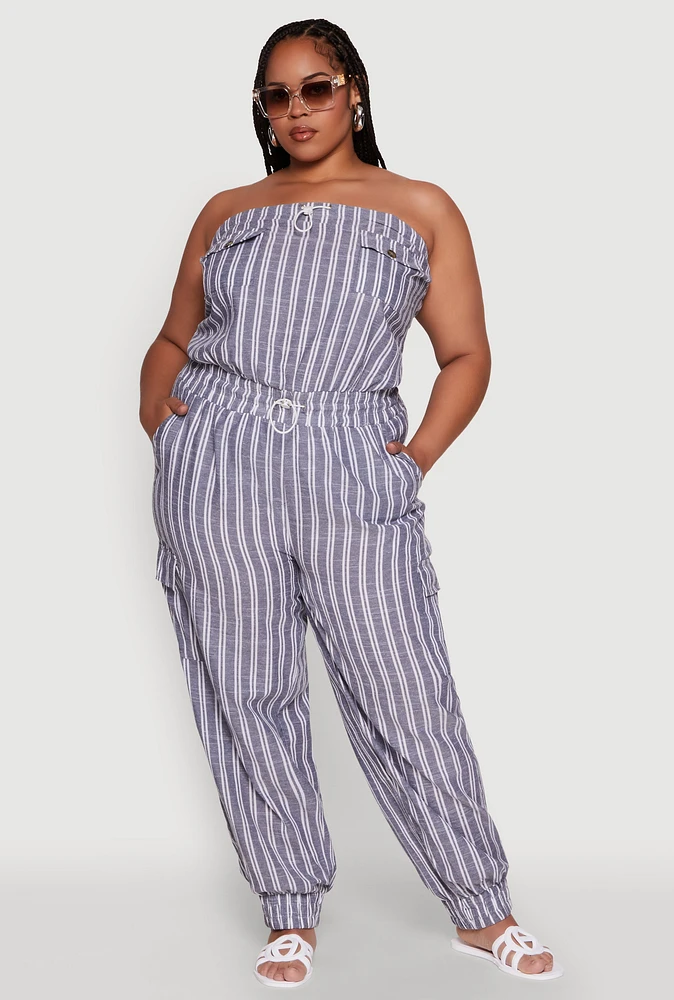 Womens Plus Size Stylish Striped Strapless Tapered Leg Jumpsuit, Blue, Size 1X