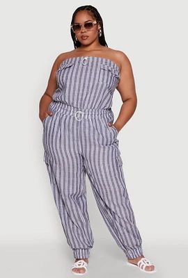 Womens Plus Size Stylish Striped Strapless Tapered Leg Jumpsuit, Blue, Size 1X
