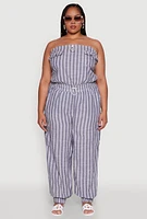 Womens Plus Size Stylish Striped Strapless Tapered Leg Jumpsuit, Blue, Size 1X