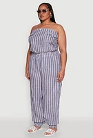 Womens Plus Size Stylish Striped Strapless Tapered Leg Jumpsuit, Blue, Size 1X