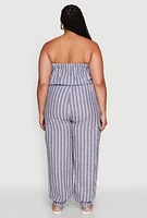 Womens Plus Size Stylish Striped Strapless Tapered Leg Jumpsuit, Blue, Size 1X