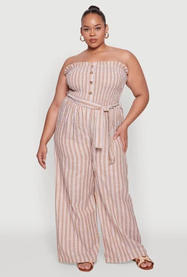 Womens Plus Smocked Pinstripe Jumpsuit,