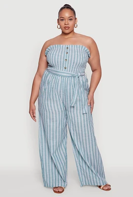 Womens Plus Smocked Pinstripe Jumpsuit,