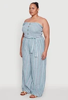 Womens Plus Smocked Pinstripe Jumpsuit,