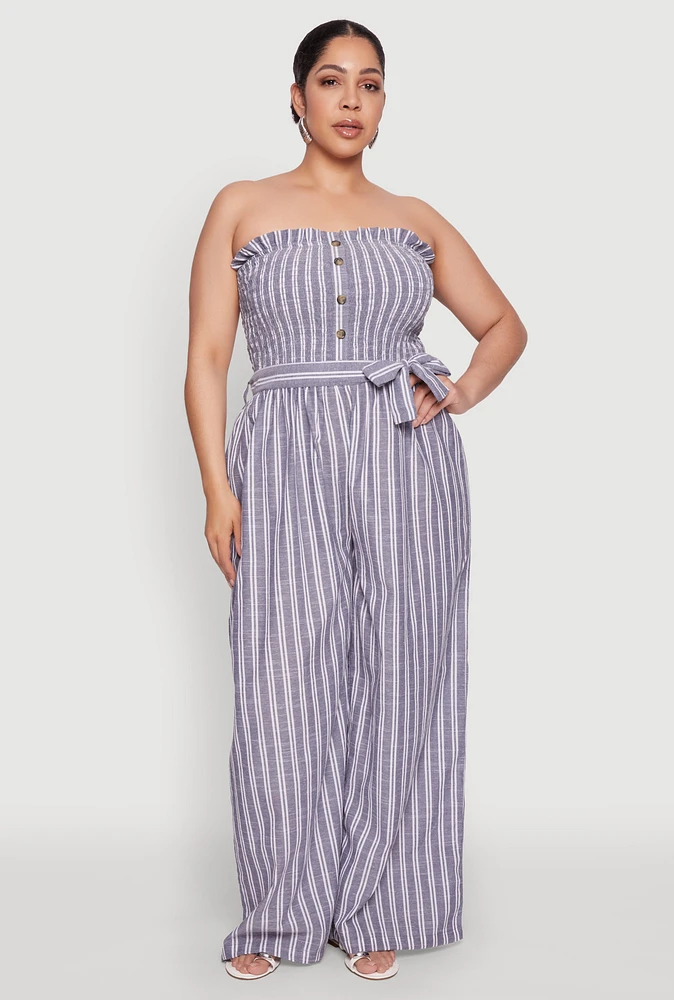Womens Plus Size Smocked Pinstripe Jumpsuit, Blue, Size 2X