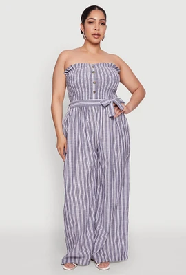 Womens Plus Size Smocked Pinstripe Jumpsuit, Blue, Size 2X