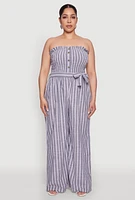 Womens Plus Size Smocked Pinstripe Jumpsuit, Blue, Size 2X