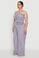 Womens Plus Size Smocked Pinstripe Jumpsuit, Blue, Size 2X