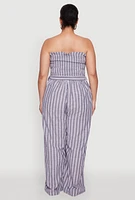 Womens Plus Size Smocked Pinstripe Jumpsuit, Blue, Size 2X