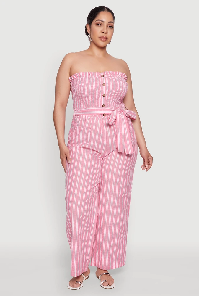 Womens Plus Size Smocked Pinstripe Jumpsuit, Pink, Size 2X