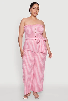 Womens Plus Size Smocked Pinstripe Jumpsuit, Pink, Size 2X