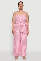 Womens Plus Size Smocked Pinstripe Jumpsuit, Pink, Size 3X