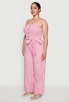 Womens Plus Size Smocked Pinstripe Jumpsuit, Pink, Size 2X