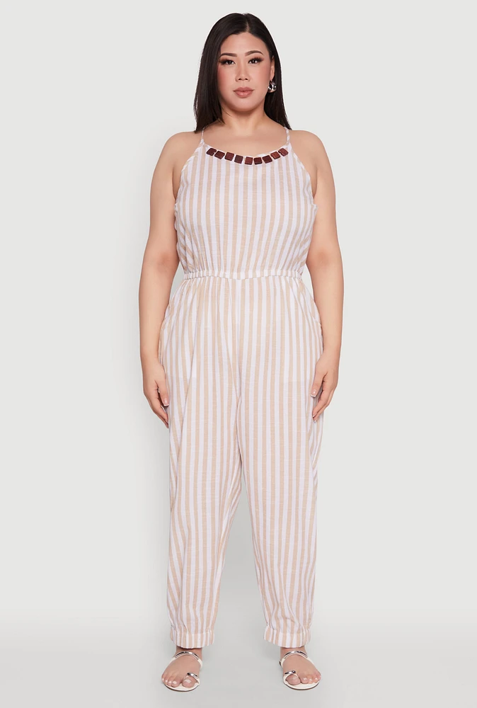 Womens Plus Wooden Beaded Detail Striped Jumpsuit,