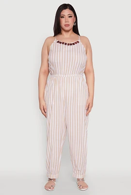 Womens Plus Wooden Beaded Detail Striped Jumpsuit,