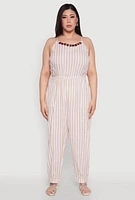 Womens Plus Wooden Beaded Detail Striped Jumpsuit,