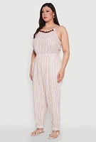 Womens Plus Wooden Beaded Detail Striped Jumpsuit,